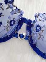 Women's Royal Blue Floral Embroidery Lingerie Set Half Cup Push Up Bra And Thong Sheer Mesh Lace Comfortable SexyUnderw ZA824026