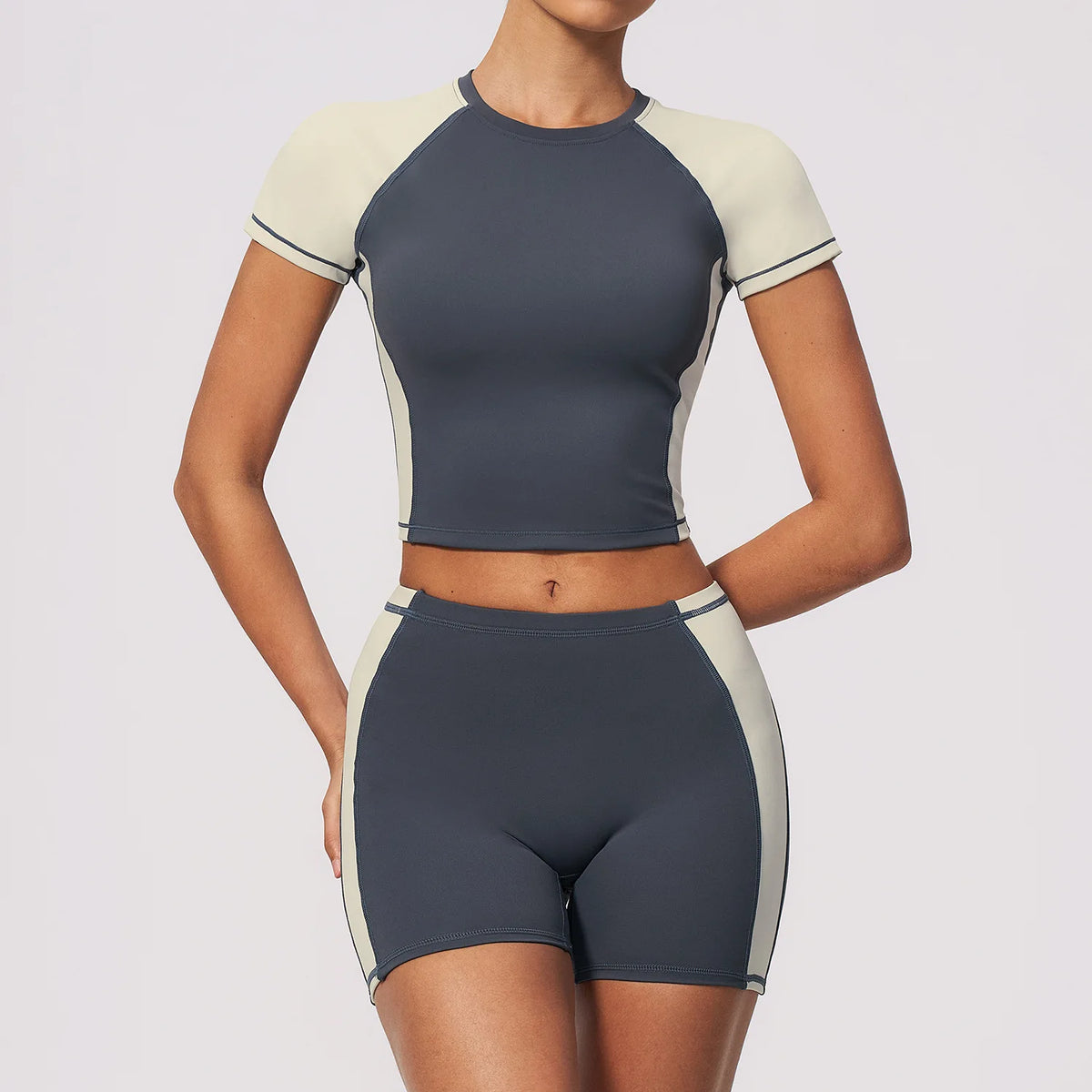 Summer New Yoga Sets Women Breathable Contrasting Color Short Sleeve Slim Sports T Shirts Training Running Shorts Fitness Suit