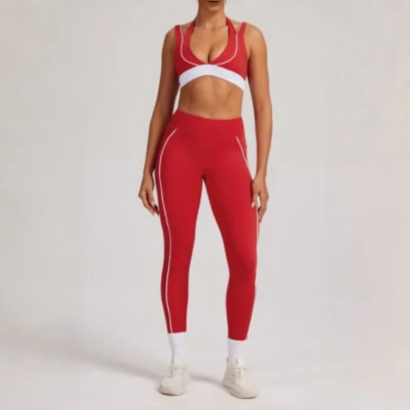 Women's Yoga Sets Sports Fitness V-Neck Halter Sports Bra Color-Block Hip-lifting Pants Suits Running Training Workout Gym Sets