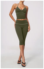 Summer Color Blocking Yoga Suit Women Tracksuit Hanging Neck V Neck Slim Sports Vest Tight Hip Lifting Capri Pants Fitness Sets