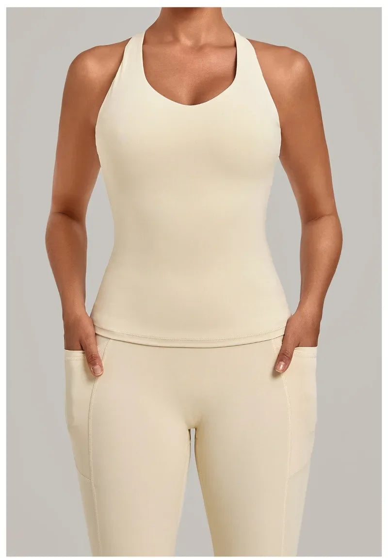 Women's Seamless Yoga Vest Sports Fitness Gym Beauty Back Top Nude Slim Fit Training Running Workout Vest