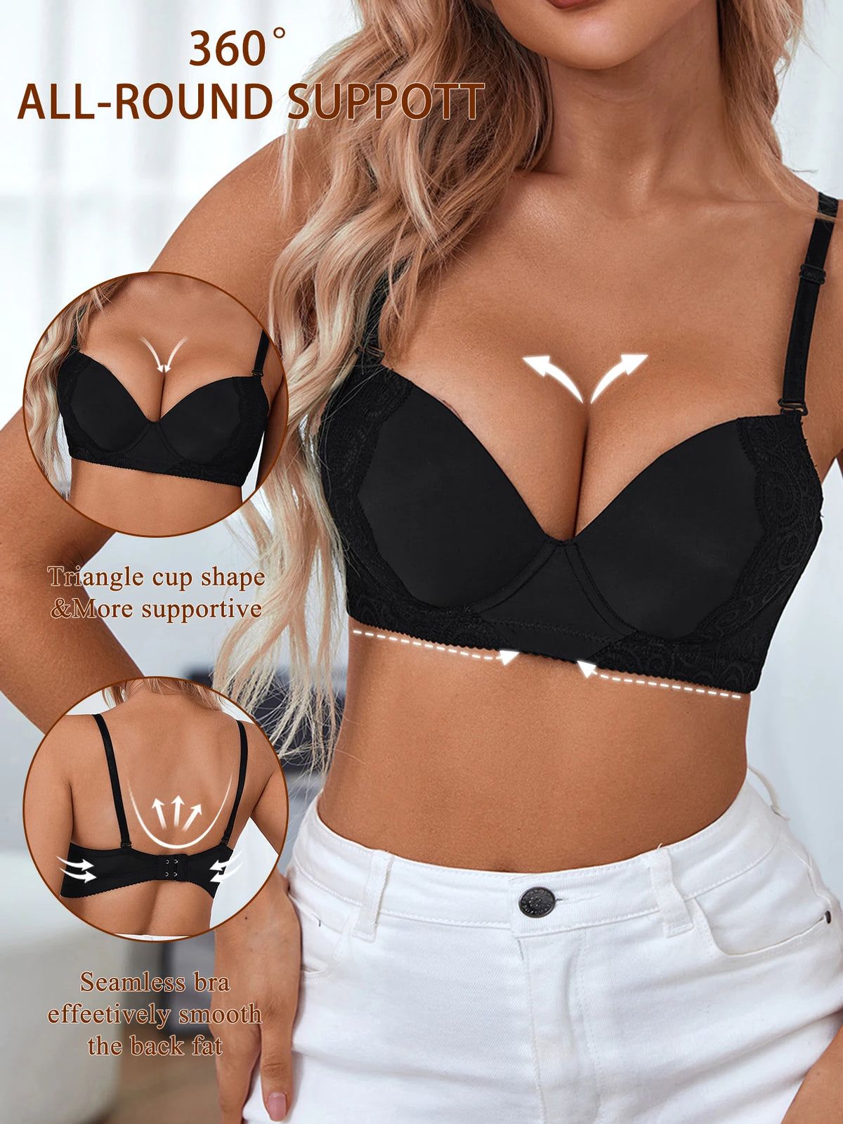 Women Push‑Up Lace Bra Full Side Support Smooth Back Fat Adjustable Strap Gathering Ladies Underwear Bra B6084