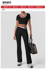 Summer Quick Drying Yoga Sets Women Black Patchwork Short Sleeve Cross Neck Sports Top High Waist Flared Pants Fitness Suits