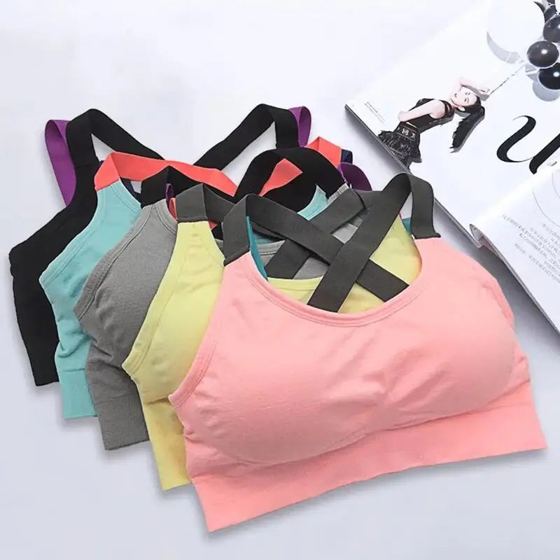 Women's Cross Back Sports Bra, Seamless Wireless Workout Top with Removable Pads for Yoga Running Gym