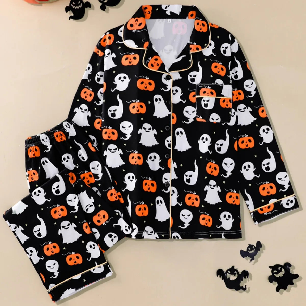 Women Halloween Pajamas Lounge Set Pumpkin/Skull Print Long Sleeve Tops and Pants 2 Piece Loungewear Outfits Clothes for Women