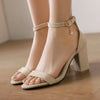 Beige Suede Ankle Strap Block Heel Sandals for Women, Round Open Toe with Rhinestone Accent, Multiple Colors Available