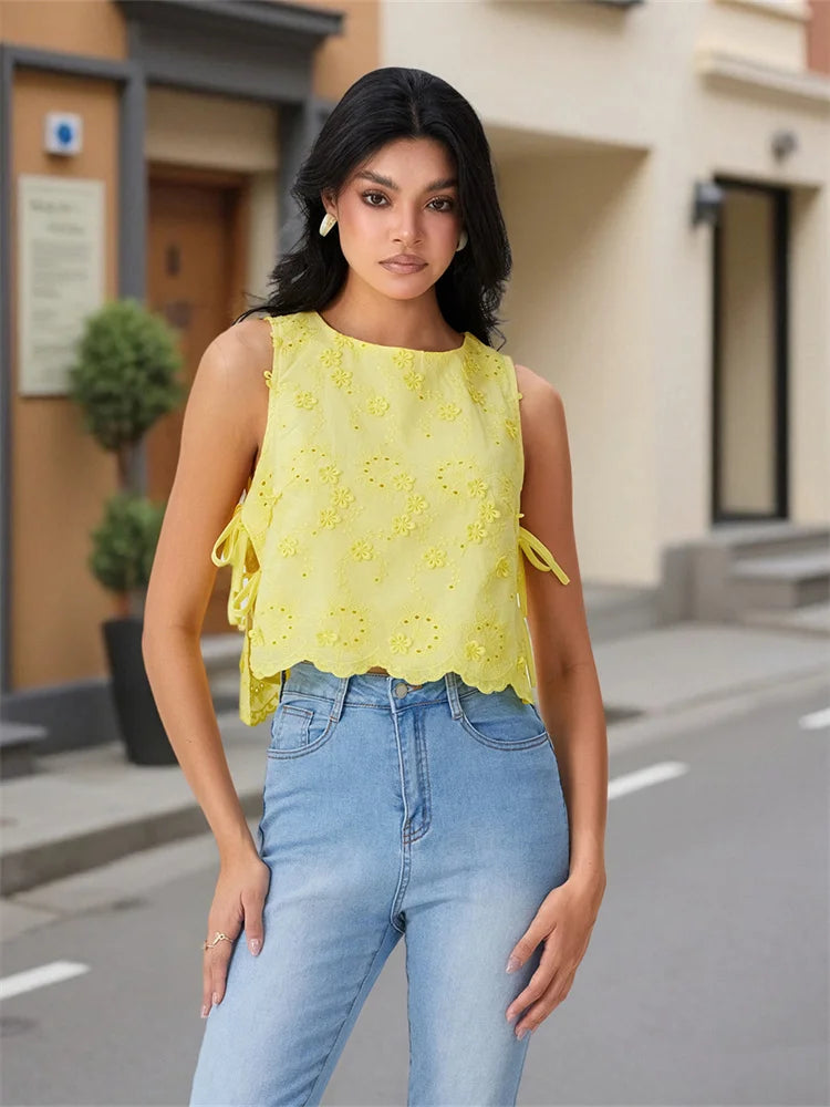 Women Summer Tank Tops Casual Tie up Side Floral Embroidery Sleeveless Shirt Basic Vest for Streetwear