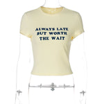 Woman Clothing Letter Print Short T-shirts Y2K Streetwear 2026 Summer O-neck Slim Fit Crop Tops Vacation Beach Tees Light Yellow