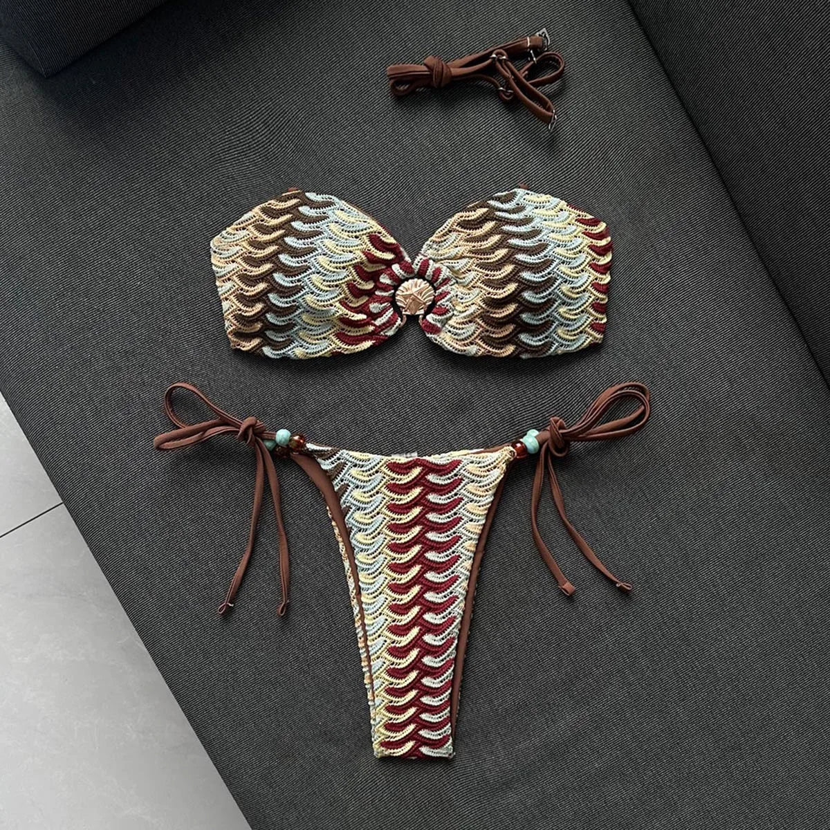 Sexy Coffee Striped Micro Bikini 2026 Women Bandeau Metal Shell Push Up Bra Bandage Thong Swimwear Beach Bathing Suit Swimsuit