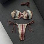 Sexy Coffee Striped Micro Bikini 2026 Women Bandeau Metal Shell Push Up Bra Bandage Thong Swimwear Beach Bathing Suit Swimsuit