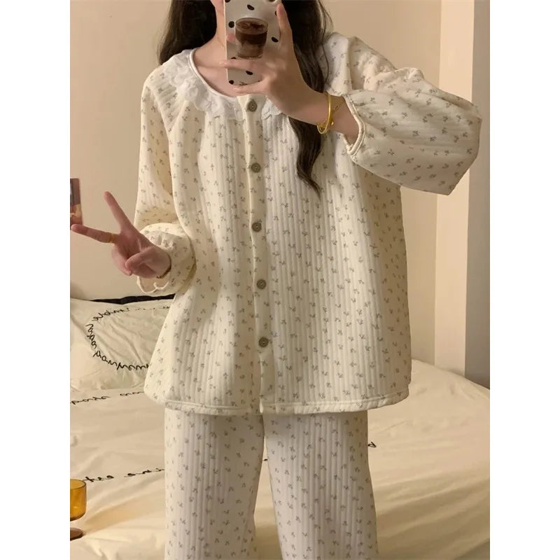 Plus Size Air Cotton Long Sve Thiened Cotton Lace Floral Home Clothes Set for Women Sweet Sle Autumn Winter Pjamas for Women