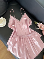 Women's 2 Piece Satin Pajama Set Pink Lace Trim V-Neck Cami Top and Shorts Elegant Sexy Sleepwear Solid Loungewear for Summer