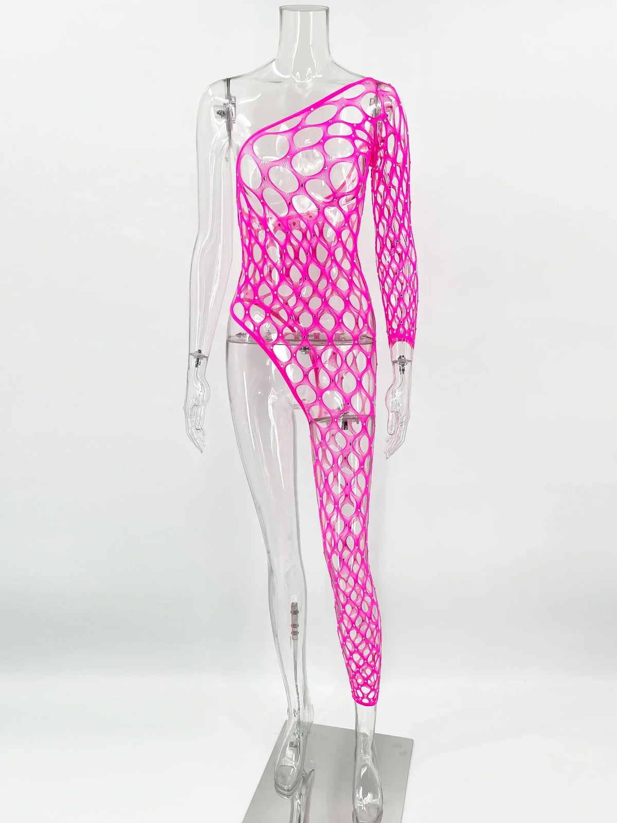 Toucheart Sexy Lingerie Women's Jumpsuit Shiny Diamond Fishing Net One-sleeved Leg Jumpsuit Sexy Hollow Out See-through Jumpsuit