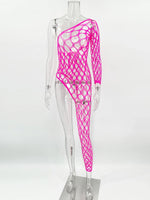 Toucheart Sexy Lingerie Women's Jumpsuit Shiny Diamond Fishing Net One-sleeved Leg Jumpsuit Sexy Hollow Out See-through Jumpsuit