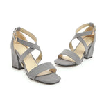 Big Size Casual Women Sandals Black Flock 7cm High Square Heels Peep Toe Summer Cross Buckle Strap Party Office Red Lady Sandals
