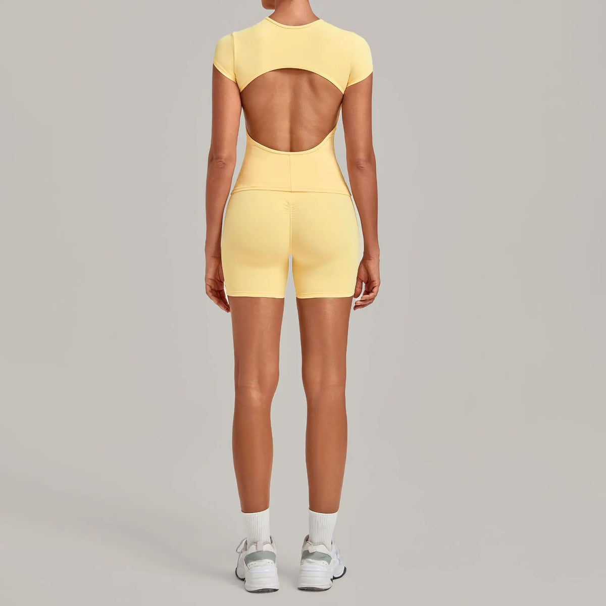 Tight Invisible Wrinkle Yoga Sets Women Short Sleeve O Neck Hollow Back Sports Tank Top Butt-Lifting Shorts Gym Fitness Suits