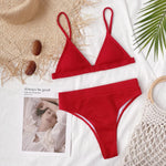 DEKA Brazilian Solid High-Waist Ribbed Bikini Sets V Neck Swimsuit Women Sexy Two Pieces Swimwear New Beach Bathing Suits Women