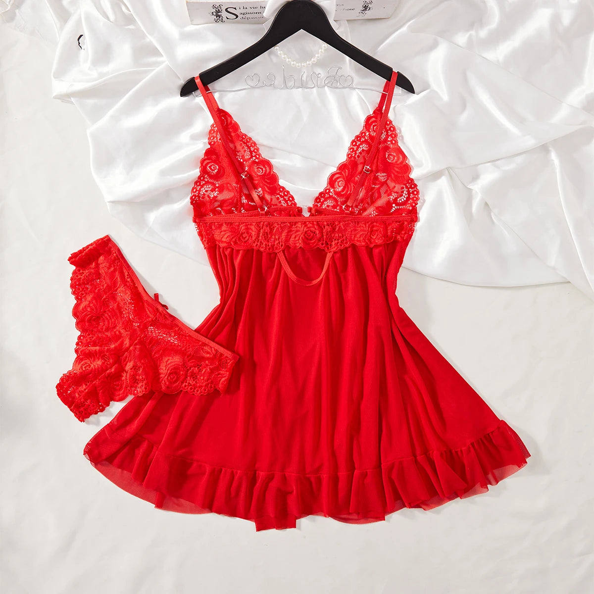 Blue Elegant Pajama Underwear Sets Transparent Lace Patchwork Bra And Panty Set Women Romantic Sleepwear Babydoll Dress Briefs
