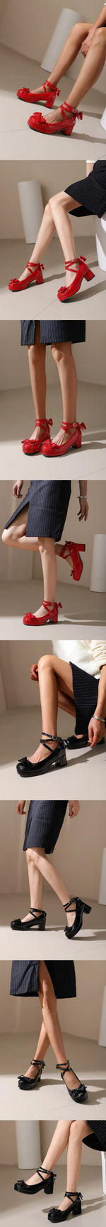 Big Size 50 Sweet Purple Mary Janes Pumps Cute Blue Bow Knot Block Heels Shoes Women White Lovely Lolita Pink y2k Platform Shoes