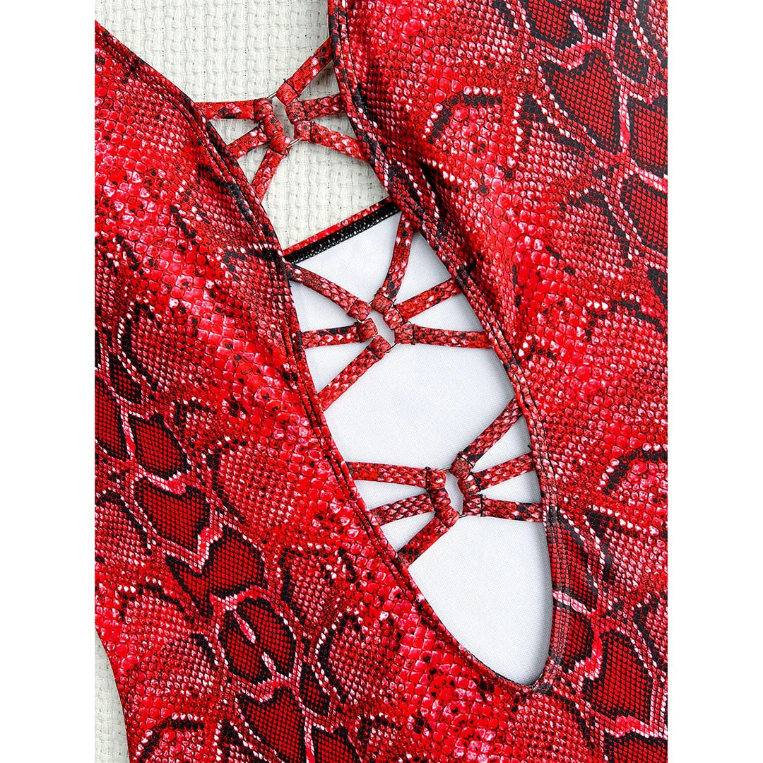 New Sexy Snake Skin Halter Monokini Women Swimwear One Piece Swimsuit Female Tummy Cut Out Bather Bathing Suit Swim Lady V3056