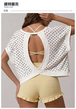 Summer Back Hollow Out Yoga T Shirts Women Polka Dot Print Short Sleeve Loose Sports Cover Up Breathable Training Fitness Tops