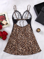 1 piece of leopard-print hollow-out lace tie-up women's camisole nightgown