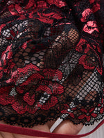 Red wine rose embroidered lace nightgown set - Retro style deep V mesh sheer camisole thong set ZA825133