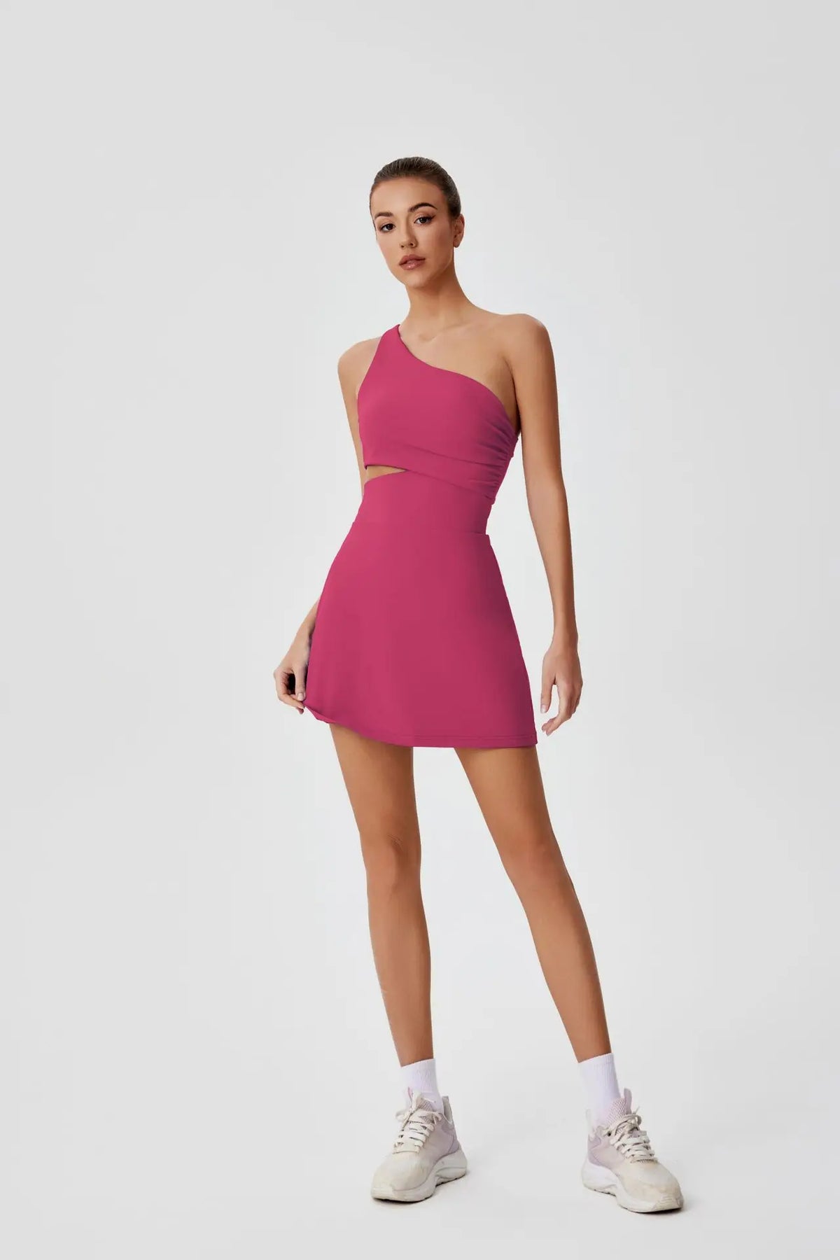 Sexy Hollow Waist Tennis Dress Women One Shoulder Pleate Sleeveless Built in Bra with Inner Separate Shorts Yoga Golf Dresses