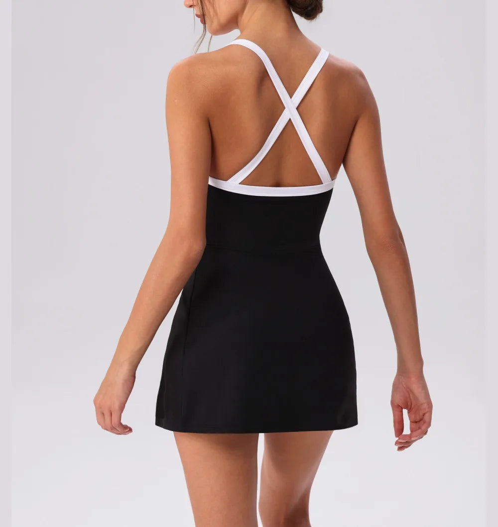 Color Contrast Tennis Dresses Women Beautiful Back Hollow Back Cross Split Skirt Pocket Sports Fitness One-piece Yoga Golf Suit