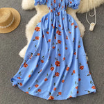 2025 Summer French Vintage Floral Dress Fashion Elegant High-Waisted Drawstring Vestidos Printed Fresh And Sweet Long Dresses