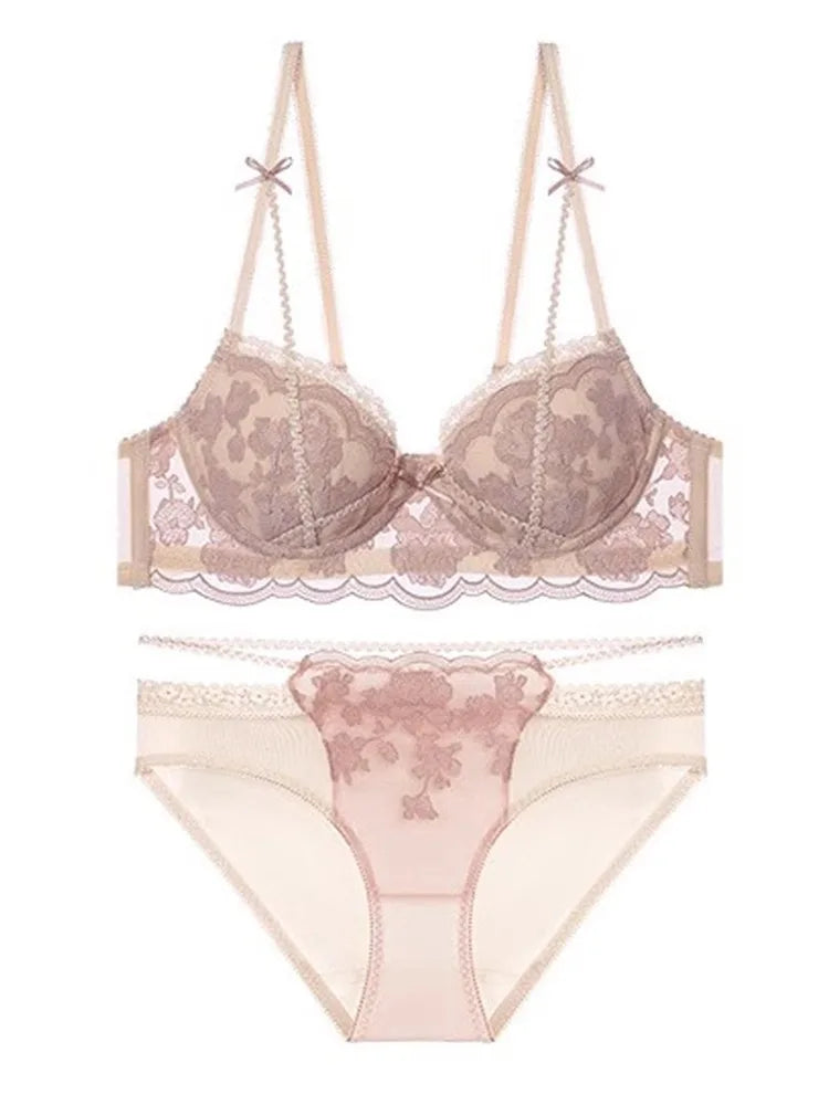 Antique French Lace Underwire Bra | Retro Petite Deep V Plunge Set | Summer Non-Padded Lingerie | Sexy Bridal Push Up Effect