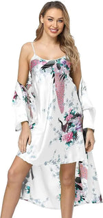 Women's Floral Satin Kimono Robe and Nightgown Set with Camisole 2 Piece Sleepwear Peacock Bathrobe
