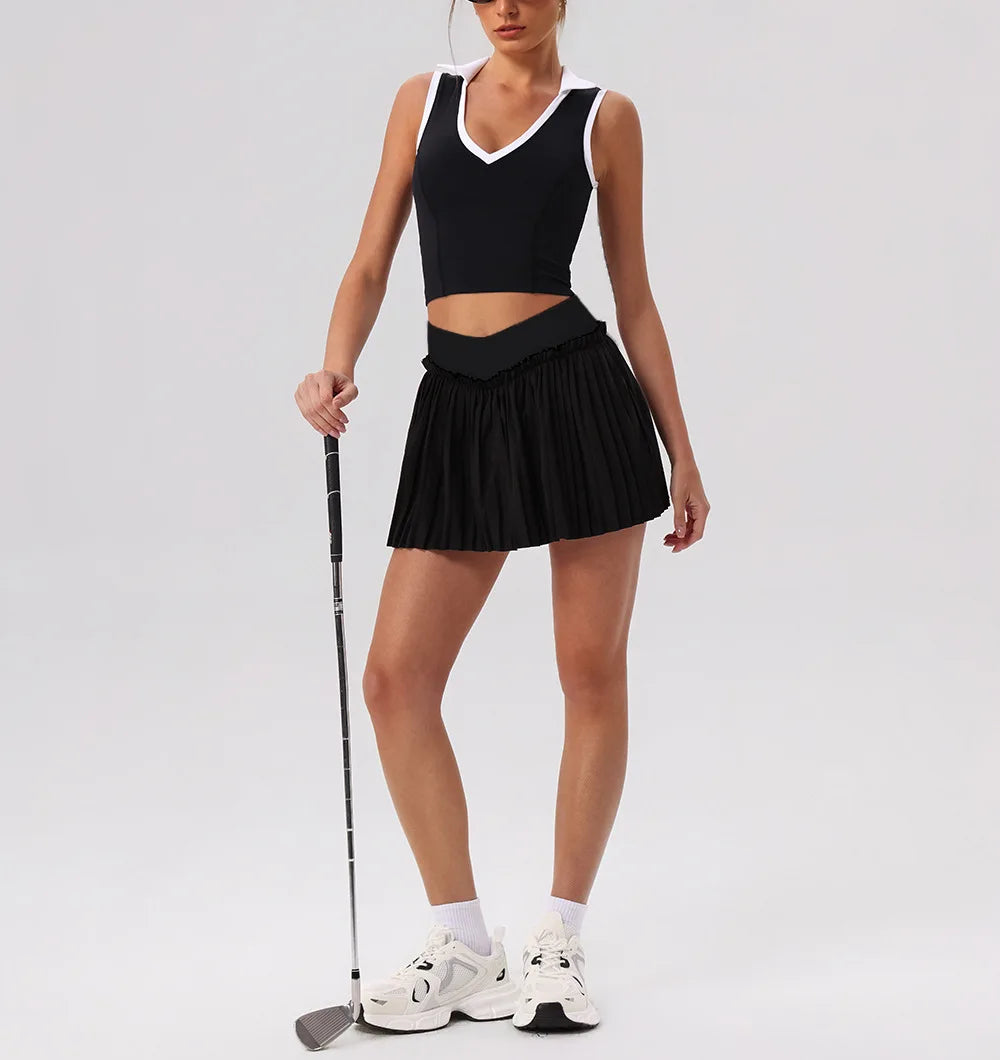 Tight Yoga Sets Women's Tracksuit Sexy Color Contrast Hollow Out Sports Bra High Waist Pleate Tennis Short Skirt Fitness Suits