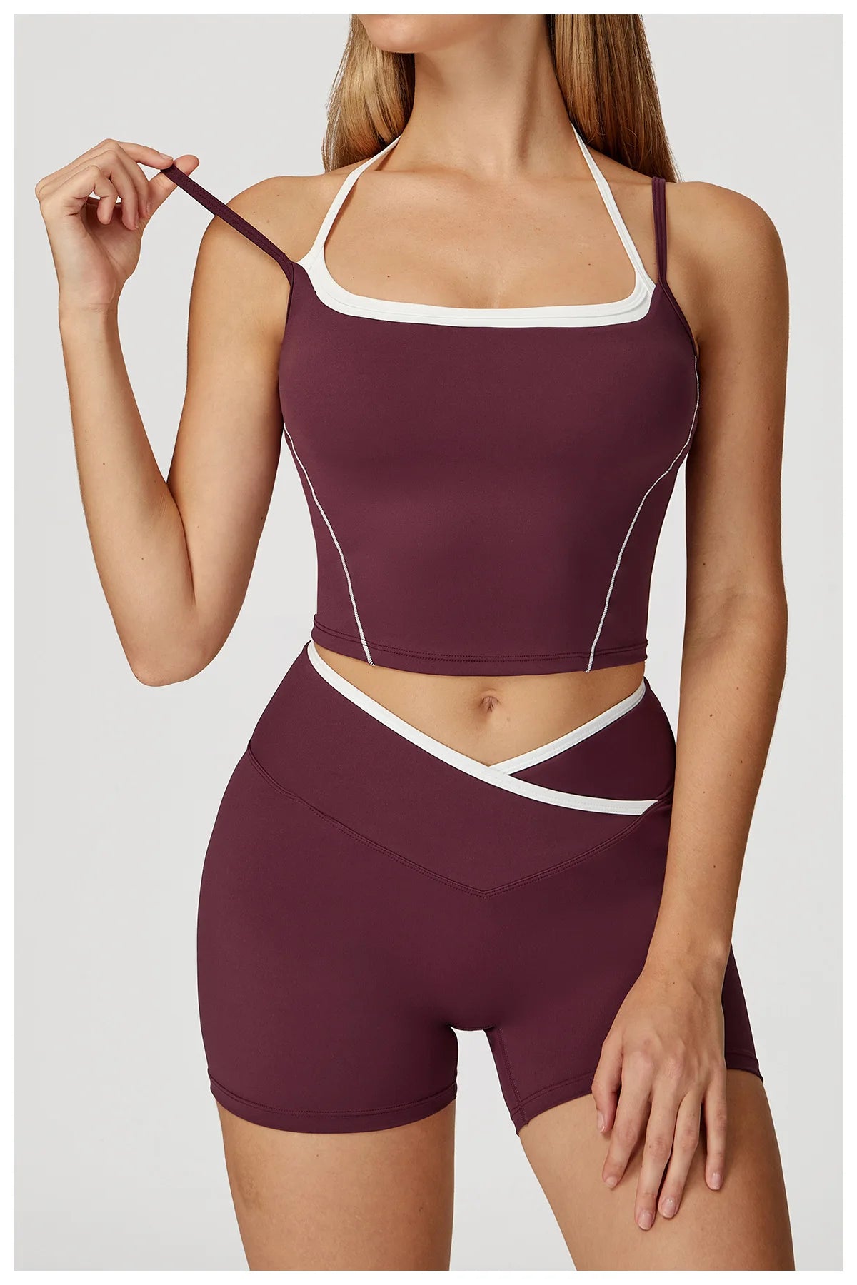 Yoga Shorts Sets Fake Two Piece Hanging Neck Shockproof Vest High Waist Pants Fitness Suit Breathable Women's Tight Sports Set