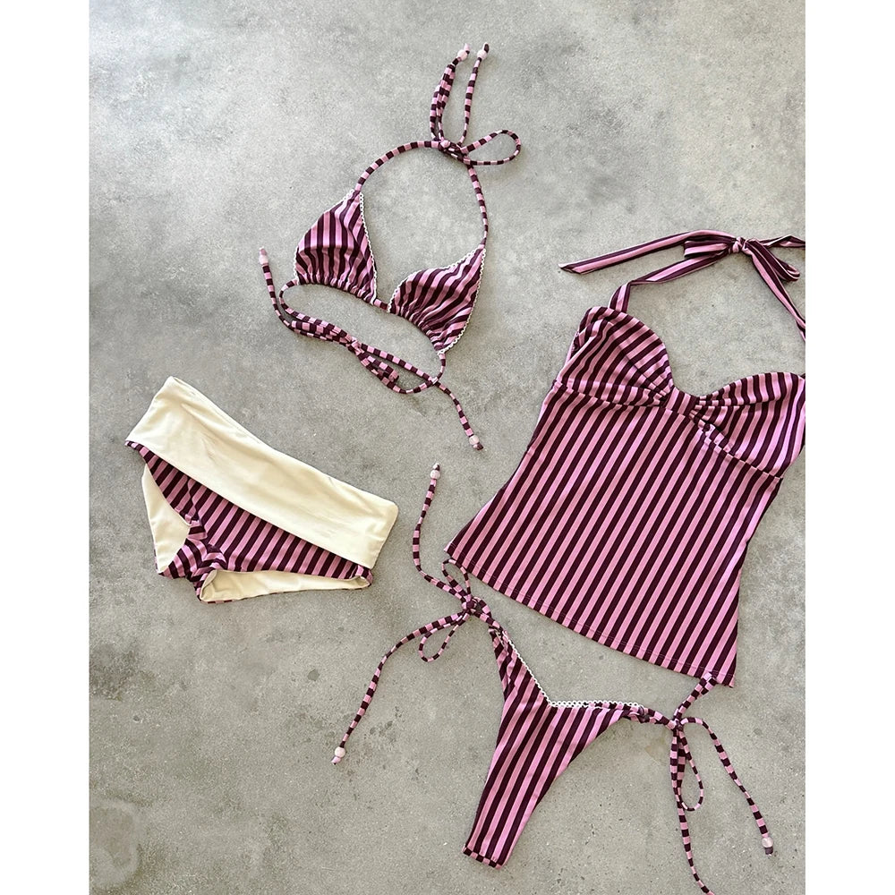 Striped Two Pieces Bikini Swimsuit with Cover Up Swimwear Women Bathing Suit Short Pants Micro Bikini Set Swimming Suits Biquini