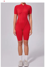 Summer Zipper Workout Jumpsuit Sports Overalls Women Running Fitness Short Sleeve Yoga Bodysuit