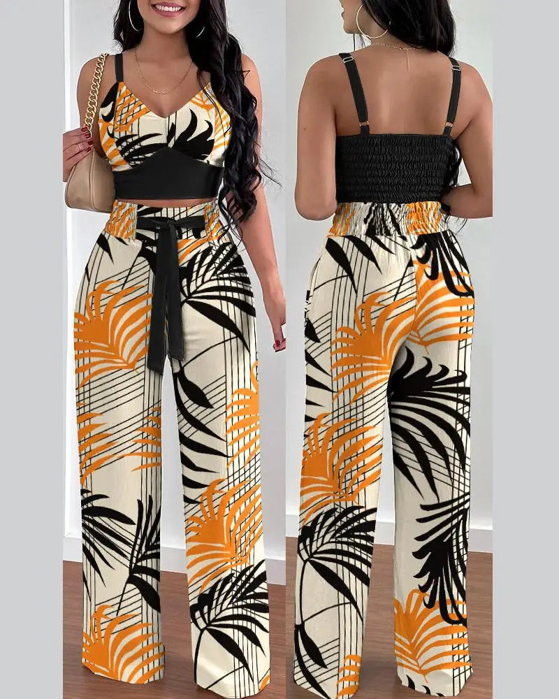 Women's Two Piece Sets Fashion Print Halter V-Neck Short Tank Suit Tops Long Pants Matching Set Summer Casual Female Slim Pants