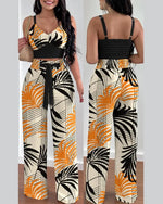 Women's Two Piece Sets Fashion Print Halter V-Neck Short Tank Suit Tops Long Pants Matching Set Summer Casual Female Slim Pants