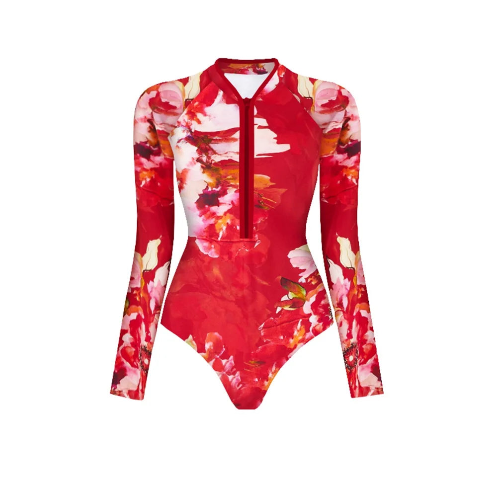Black And Printed Long Sleeve Swimsuit With Cover Up Sexy Swimwear Women Surf Swim Suit Slimming Bathingsuit Bodysuit Beachwear