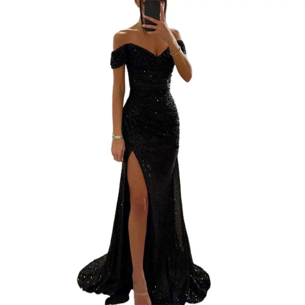 Evening Party Prom Dress Elegant V-Neck Off Shoulder Dress Sequin Pleated Short Sleeve Waist Tight Slim Sexy Split Long Dress