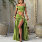 Summer Skirt Set Women Metal Flower Sexy Off Shoulder Slim Crop Top High Slit Skirt Sets Fashion Backless Pleated 2 Piece Suits