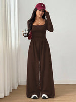 Women's Casual Solid Color Square Neck Long Sleeve A-Line Jumpsuit Pleating Wide Leg Loose Mopping Jumpsuit Spring/Fall 2026