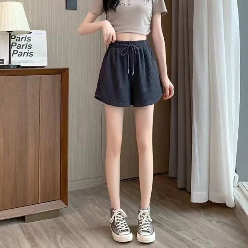 Summer Shorts Skirts Women Elastic High Waist Casual Wide Leg Shorts Korean A Line Loose Mini Skirt Black Short Pants