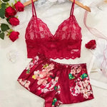 Women Floral Print 2 Piece Pajama Set Lace Spaghetti Strap Cami Top Bow Decor Satin Shorts Soft Silky Loungewear Ladies Sleepwea