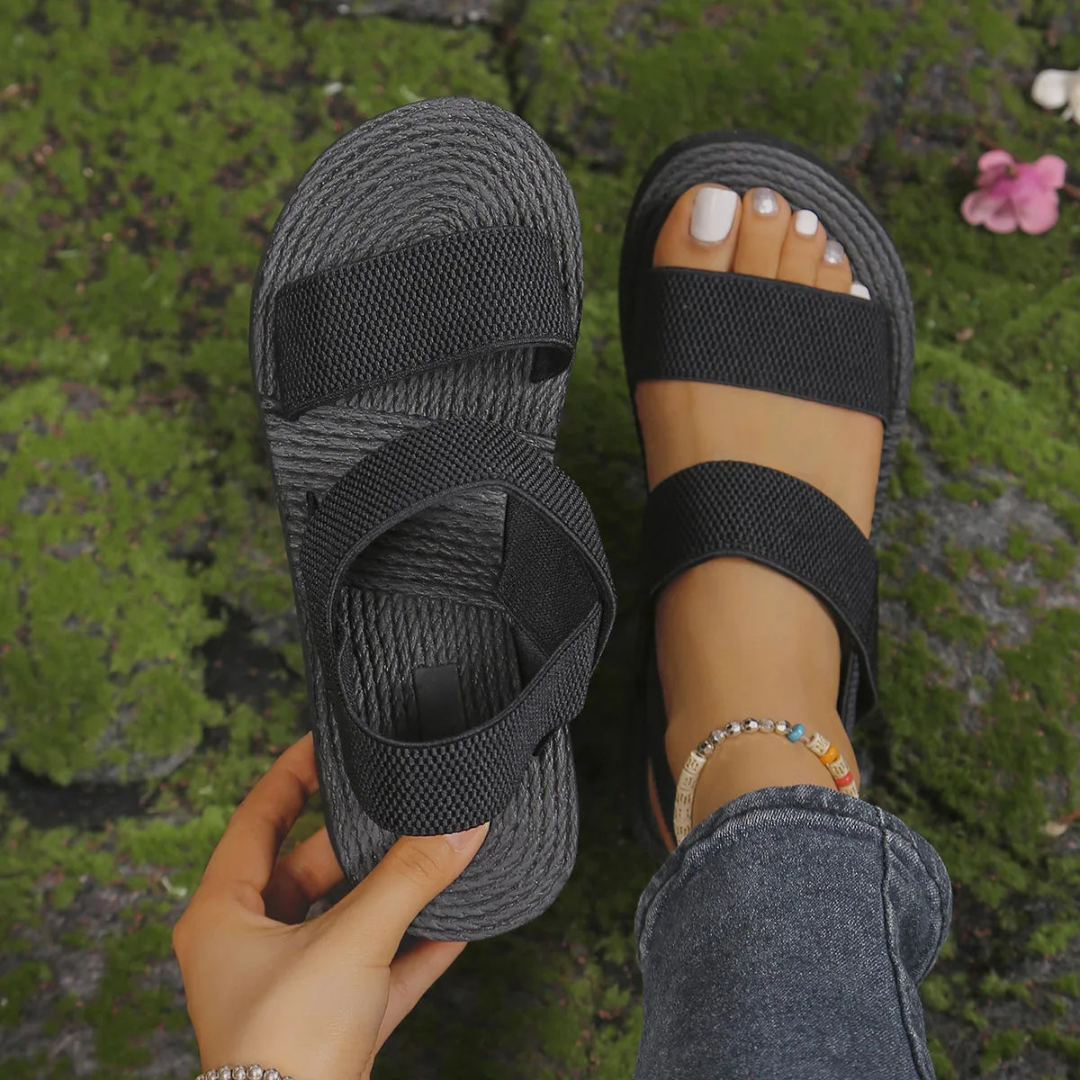 Women Minimalist Wedge Sandals Open Toe Thick Sole Female Platform Shoes Elasstic Back Strap Home Street Slingback Sandalias