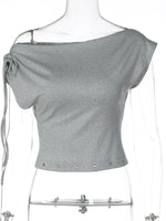 FDYOUI Women's Diagonal Collar Gray T-shirts Y2K Female Off Shoulder Lace-up Holes Cropped Tops Casual Black T Shirt Streetwear