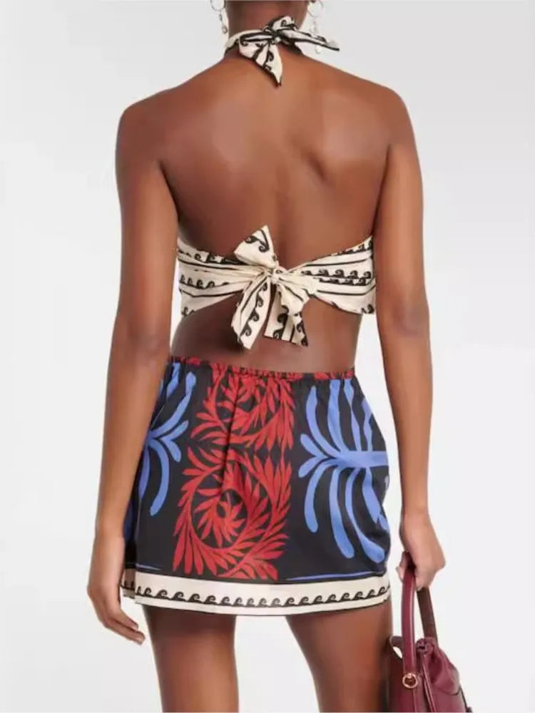 Bohemian Print Halter Neck Mini Dresses Women Sexy Backless Leace-up Beach Vacation Dress Fashion Beachwear Vestidos Summer New