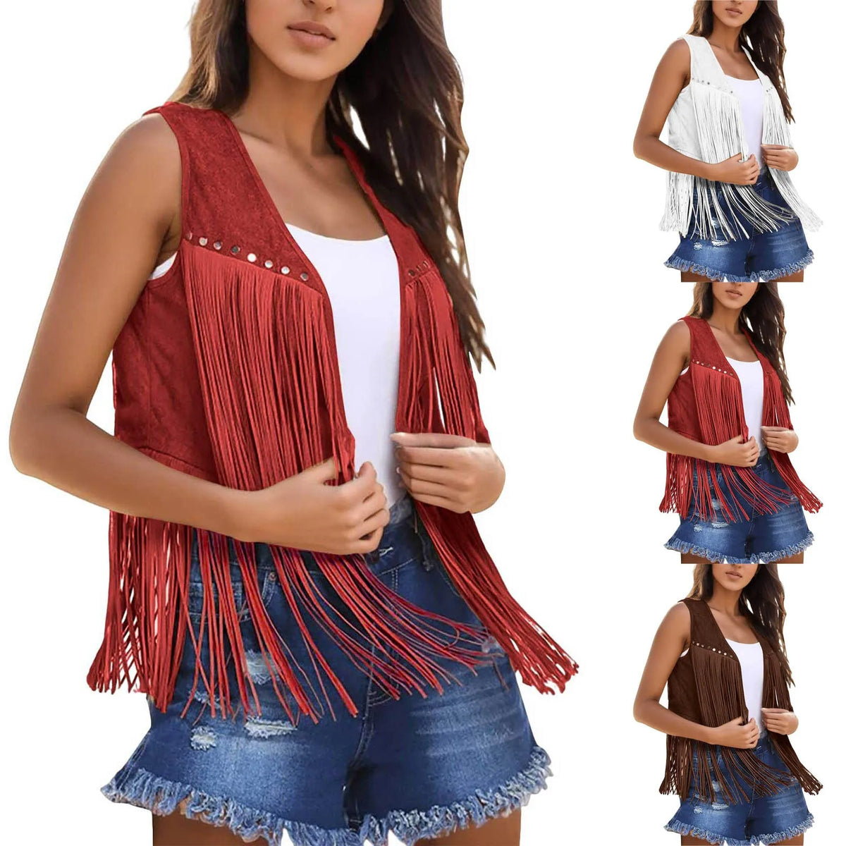 Women Tassel Fringe Vest Sleeveless Solid Waistcoat V Neck Open Front Cardigan Vintage Hippie Clothes Cowboy Cosplay Jacket