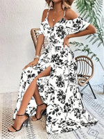 New Summer Women Print Dress 2025 Fashion ElegantVacation Party Short Sleeve Slim V-neck Slit Long Dresses Vestidos Para Mujer
