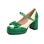 Plus Size 32-48 Sweet Lolita Patent Leather Mary Jane Shoes Women Gothic Square Toe Bow Tie Platform Chunky Heels Brogue Pumps
